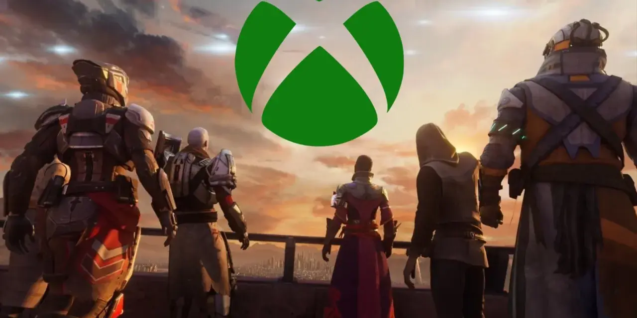 Postacie w zbrojach patrzą na zachód słońca z zielonym logo Xbox.