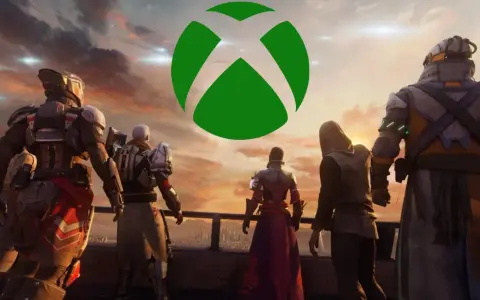 Postacie w zbrojach patrzą na zachód słońca z zielonym logo Xbox.