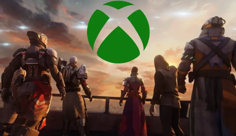 Postacie w zbrojach patrzą na zachód słońca z zielonym logo Xbox.